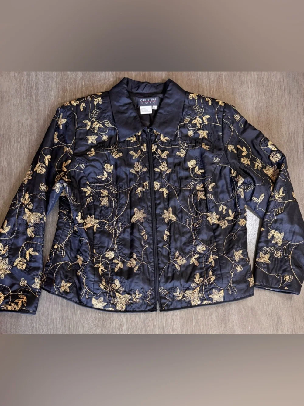 Vintage Silk Quilted Jacket Black Gold Floral Top XL Christina Hope